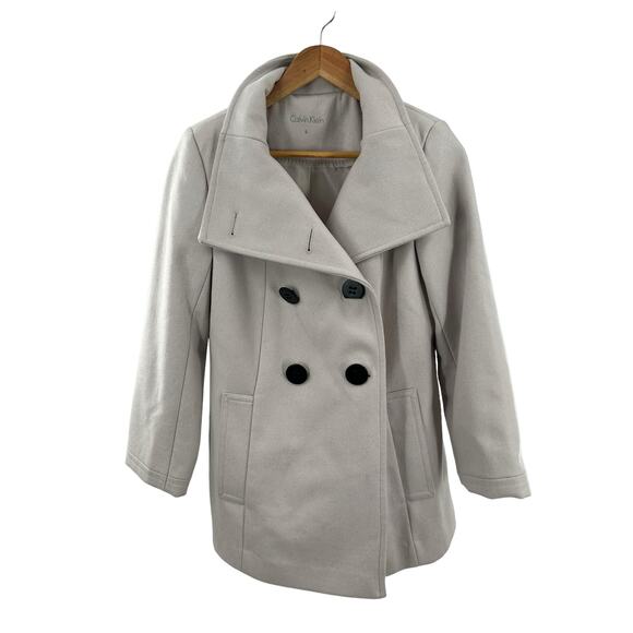 CALVIN KLEIN Beige Wool Blend Pea Coat Jacket Size 4‎ - Picture 1 of 11